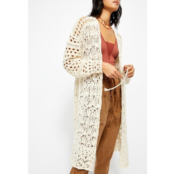 Free People Sweaters - Free People Crochet Cardigan XS Cream Sweet Talker Coastal Longline Hooded Boho